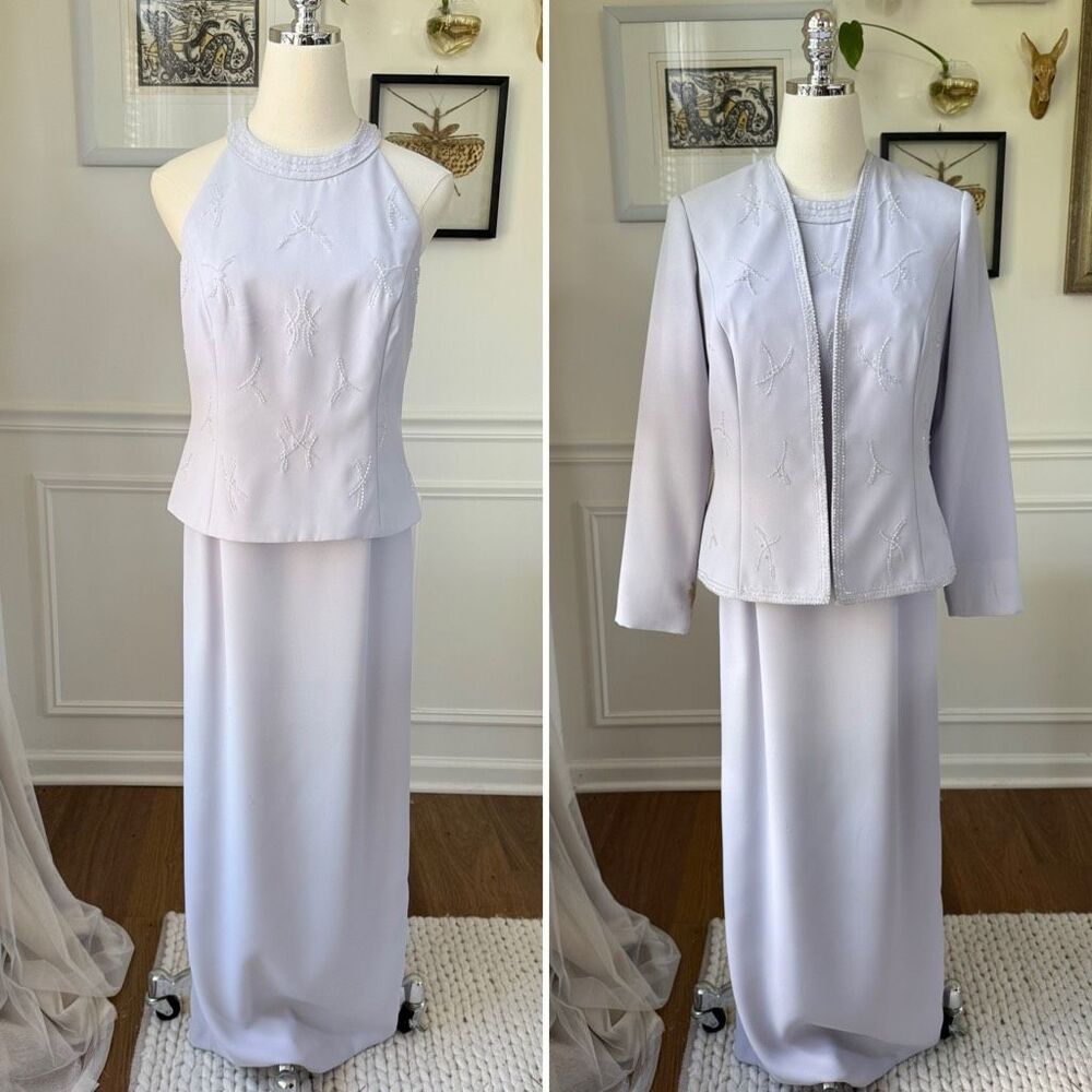 Vintage 90s Y2K Karen Miller 2 Piece Beaded Gown Dress Jacket Lavender 4 Petite